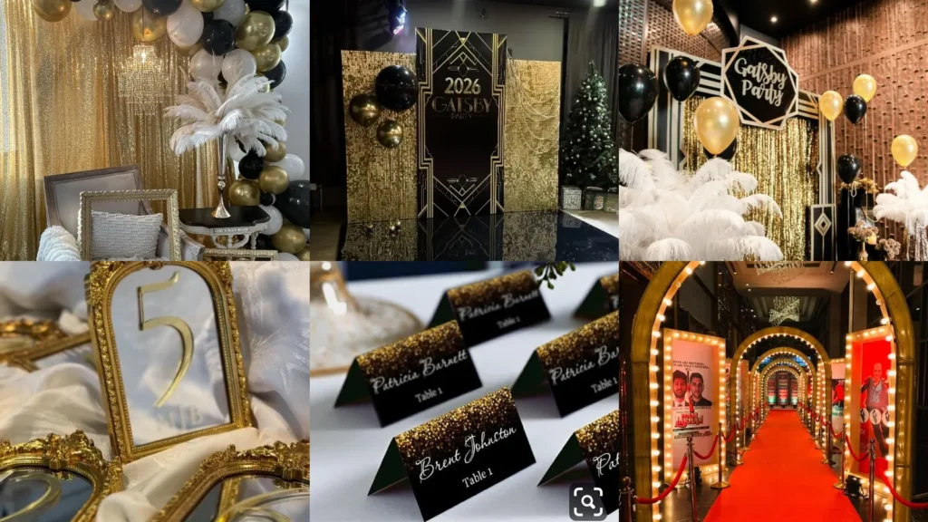 20 Gatsby Party Decor Ideas With Feathers, Gold and Sparkle